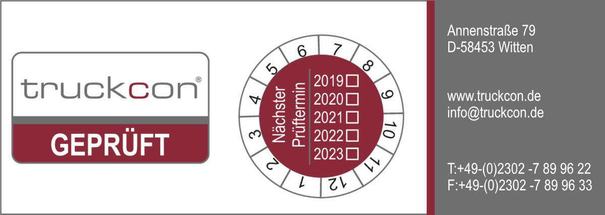 Die truckcon Service Plakette mit dem nächsten Prüftermin.